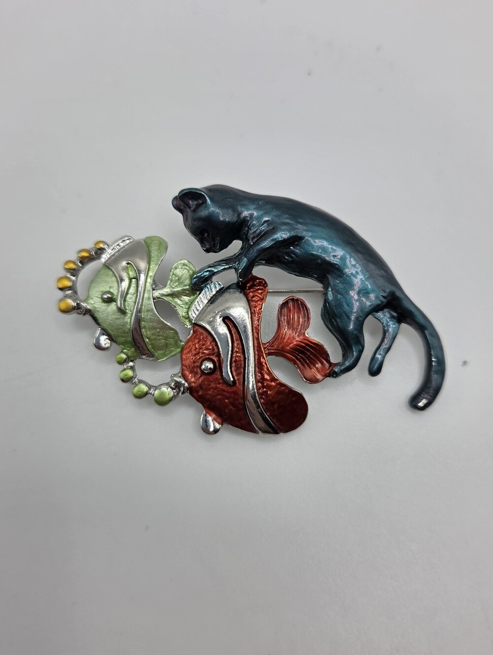 Vintage Style Cat Fish Brooch Enamel Red Orange Green Novelty Pin New